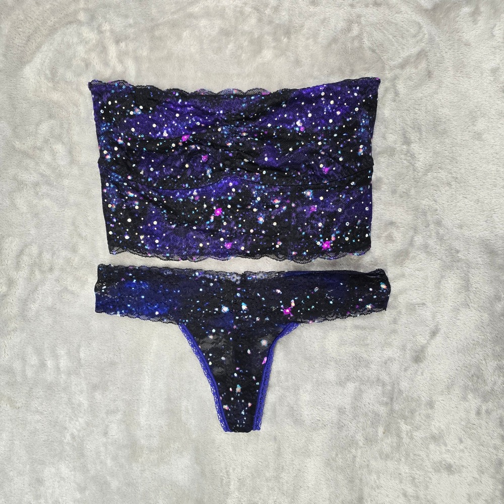 Pink Victoria's Secret Celestial Bandeau Women L Purple Galaxy Lace Rhinestone